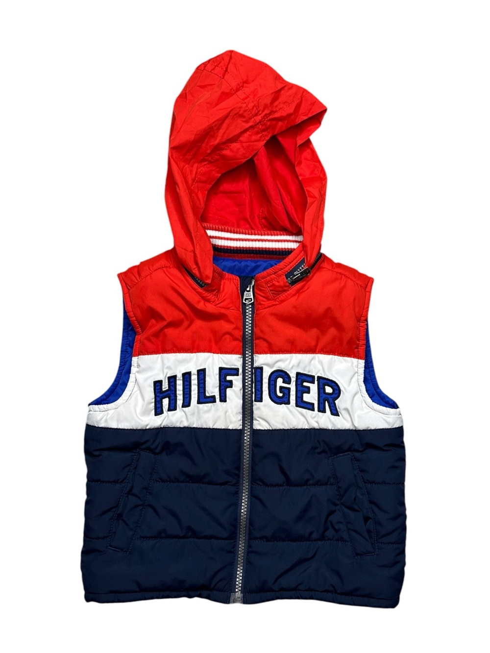 Tommy Hilfiger Kids Red White Navy Hooded Puffer Vest with Logo - 2T